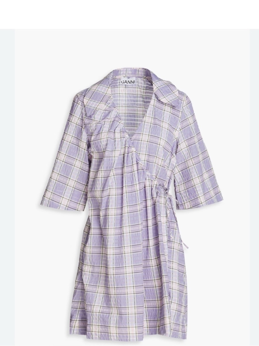 Ganni Seersucker Purple Plaid Wrap Dress